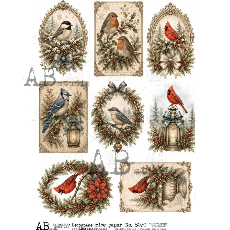 AB Studio Rice Paper for Decoupage, Mixed Media, Scrapbooking, Christmas, Wreaths, Winter Birds, Vintage Frames, Cardinals, A4 8,27 x 11,69