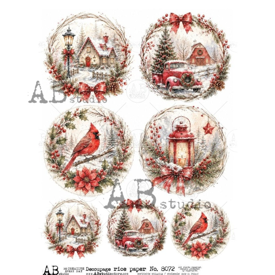 AB Studio Rice Paper for Decoupage, Mixed Media, Scrapbooking, Christmas Ornament Rounds, Winter Landscapes, Cardinals, A4 8,27" x 11,69