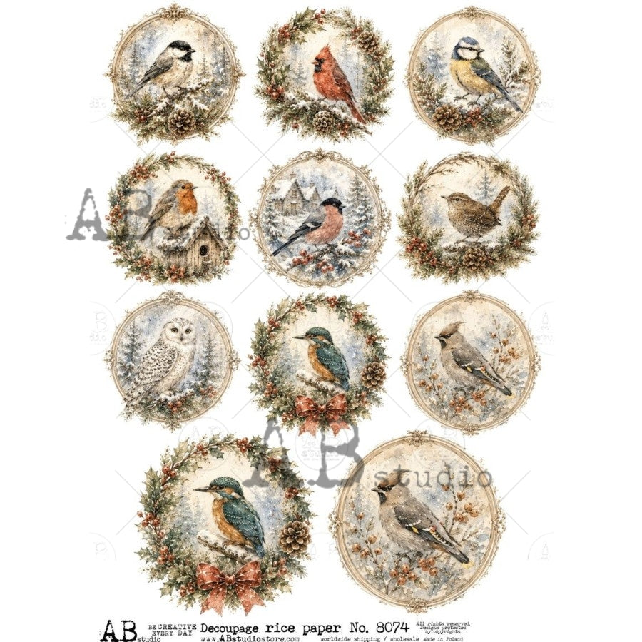AB Studio Rice Paper for Decoupage, Mixed Media, Scrapbooking, Christmas Ornament Rounds, Winter Birds, A4 8,27" x 11,69 size