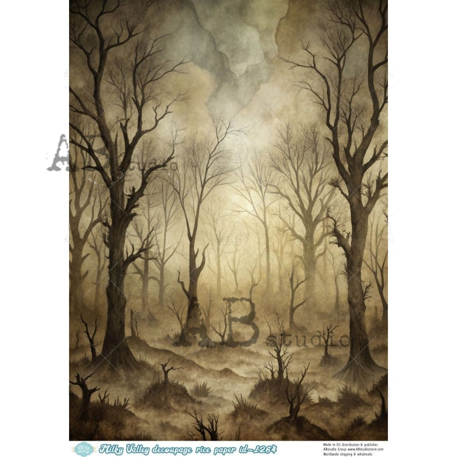 AB Studio Rice Paper, Milky Valley, Dark, Gothic Forest, Background, A4 8.27 x11.69, Mixed Media, Decoupage, Scrapbooking