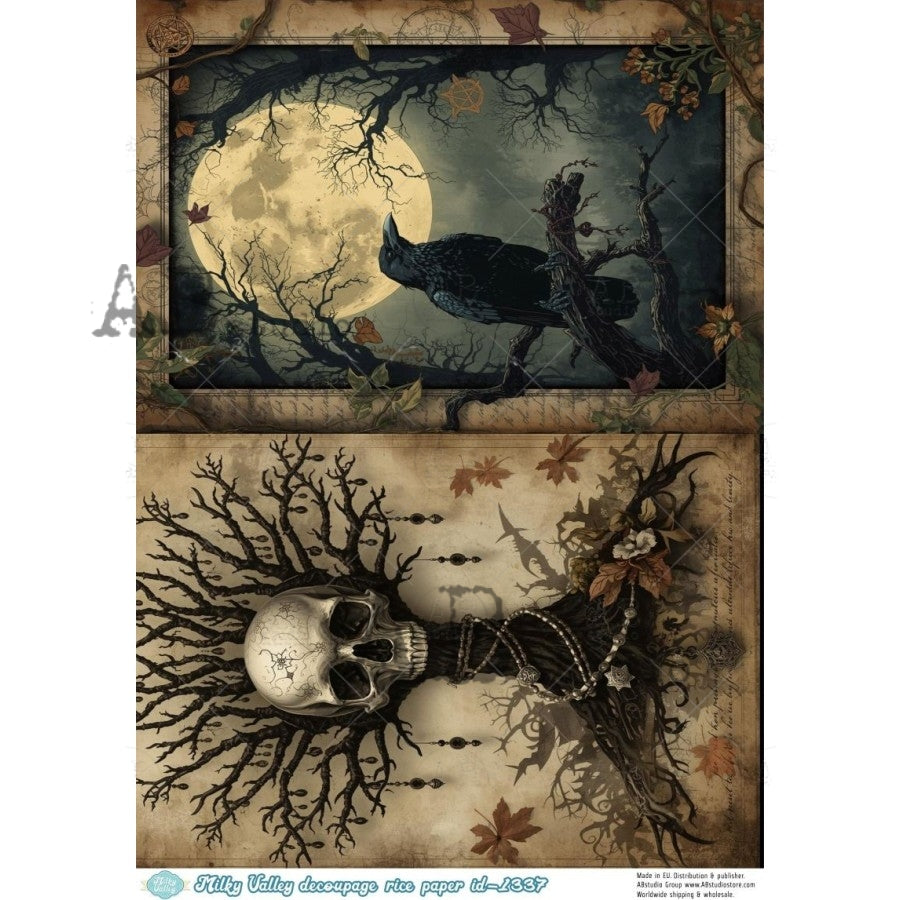 AB Studio Rice Paper, Milky Valley, Dark, Gothic Elements, Crow, Skull,, A4 8.27 x11.69, Mixed Media, Decoupage, Scrapbooking