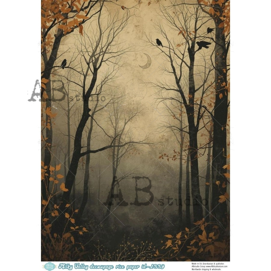 AB Studio Rice Paper, Milky Valley, Dark, Gothic Forest, Background, A4 8.27 x11.69, Mixed Media, Decoupage, Scrapbooking