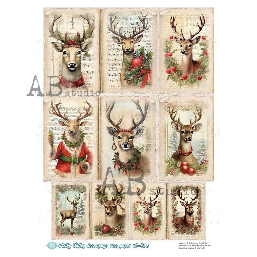 AB Studio, Milky Valley, Rice Paper, Christmas, Reindeer, Squares, Tags, Whimsical, Squares, Decoupage, Mixed Media, ID-496, A4 8.27X 11.6