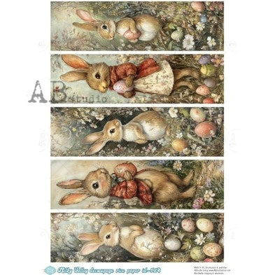 AB Studio, Milky Valley, Rice Paper, Decoupage, Easter Bunny, Rabbits, Eggs, Tags, Shabby Chic, ID-514, A4 8.27 X 11.69 in