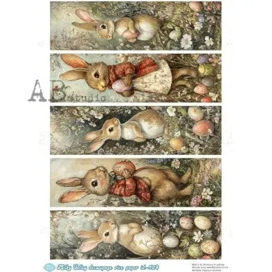 AB Studio, Milky Valley, Rice Paper, Decoupage, Easter Bunny, Rabbits, Eggs, Tags, Shabby Chic, ID-514, A4 8.27 X 11.69 in AB Studio