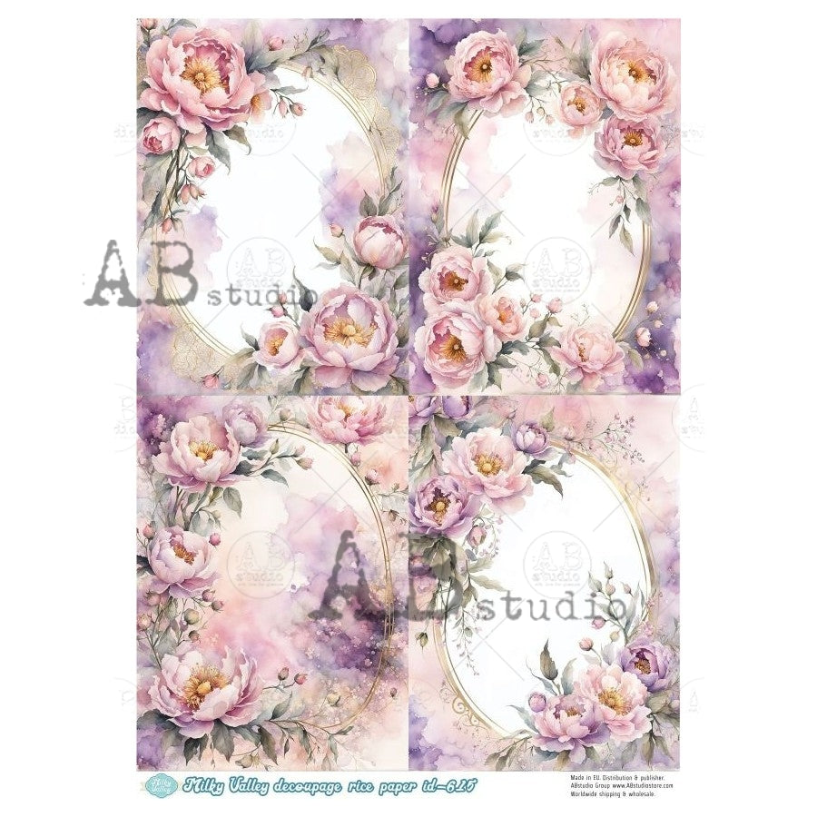 AB Studio, Milky Valley, Rice Paper, Pink, Roses, Florals, Frames, Squares, Shabby Chic, Decoupage, Mixed Media, A4 8.27 x 11.69, ID-615