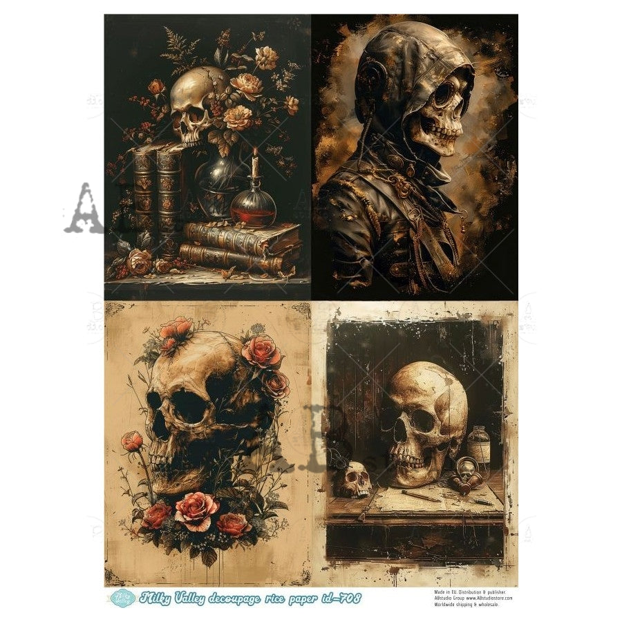 AB Studio, Milky Valley, Rice Paper, Skulls, Gothic, Red Roses, Halloween, Squares, Decoupage, Mixed Media, A4 8.27 x 11.69, ID-708