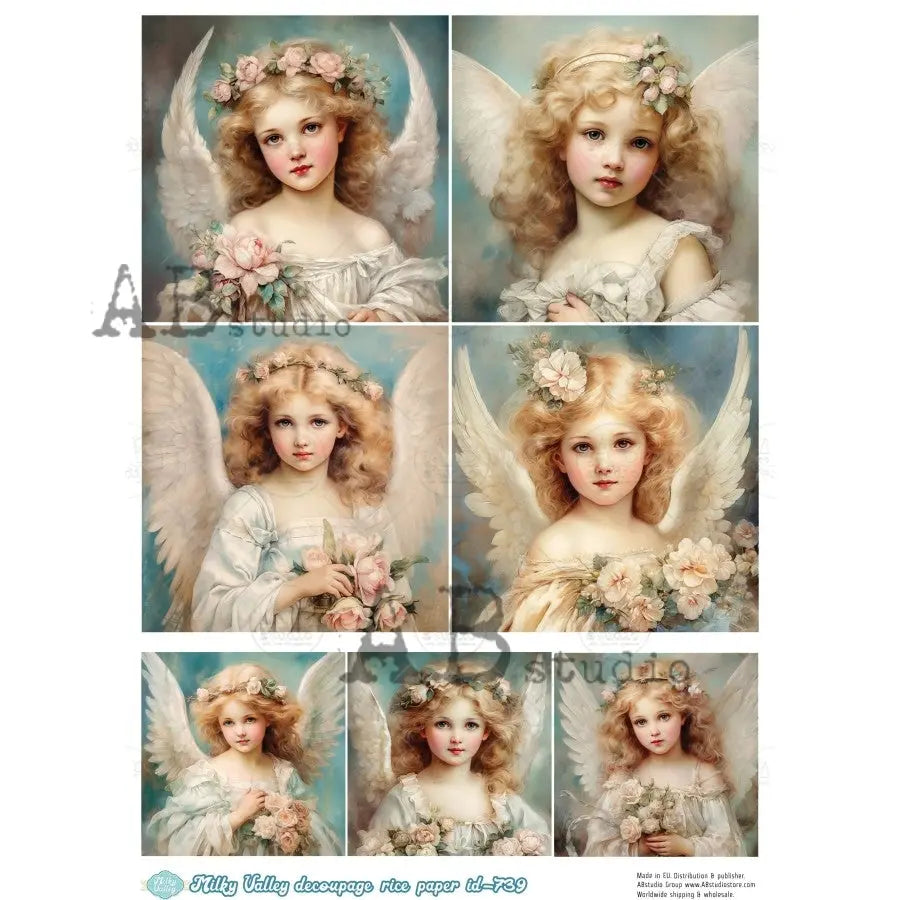 AB Studio, Milky Valley, Rice Paper, Angels, Tags, Squares, Shabby Chic, Decoupage, Mixed Media, A4 8.27 x 11.69, ID-739 AB Studio