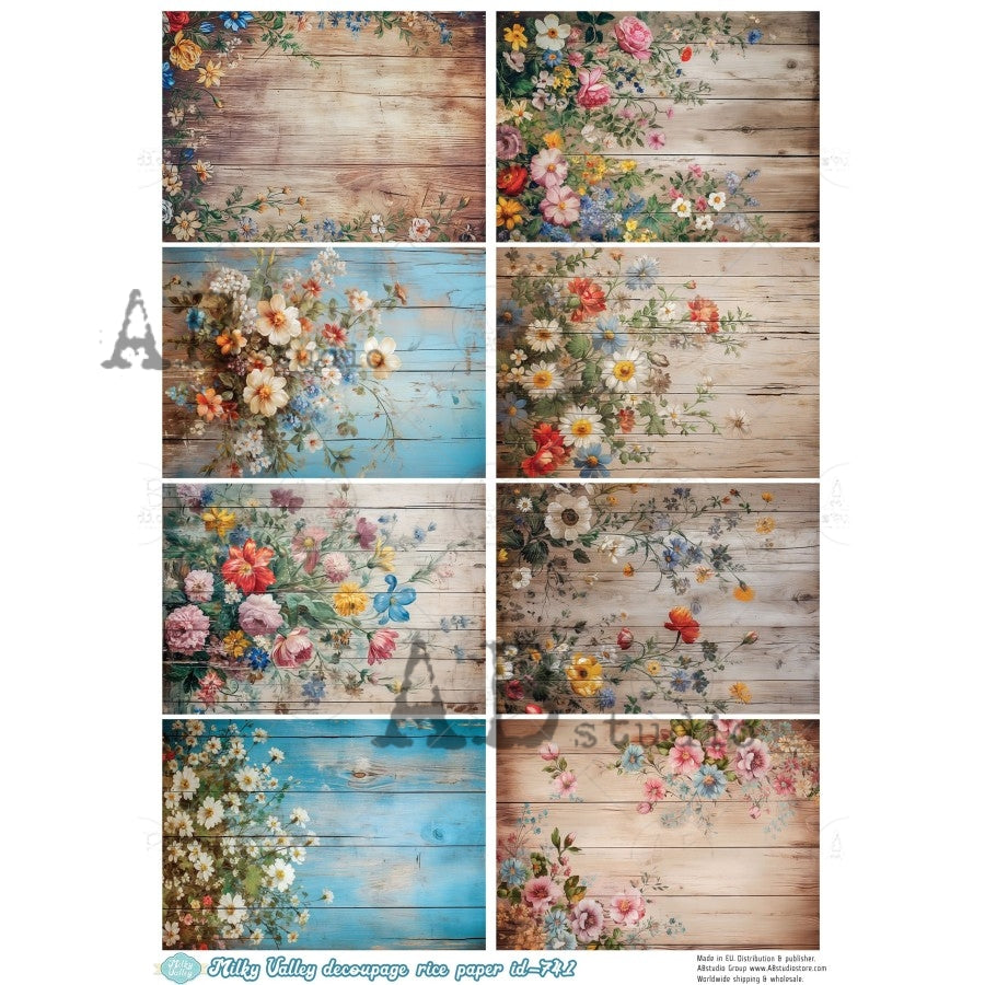 AB Studio, Milky Valley, Rice Paper, Pink, Roses, Florals, Rustic Wood, Squares, Shabby Chic, Decoupage, Mixed Media, A4 8.27 x11.69, ID-741