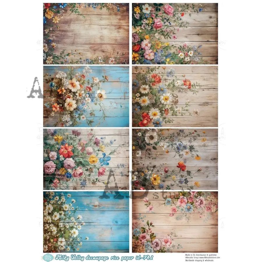 AB Studio, Milky Valley, Rice Paper, Pink, Roses, Florals, Rustic Wood, Squares, Shabby Chic, Decoupage, Mixed Media, A4 8.27 x11.69, ID-741 AB Studio