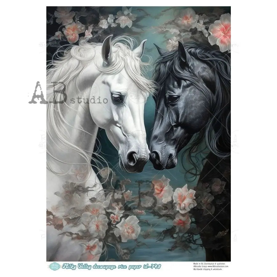 AB Studio, Milky Valley, Rice Paper, Horses, Black, White, Roses, Shabby Chic, Decoupage, Mixed Media, A4 8.27 x 11.69, ID-748 AB Studio