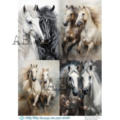 AB Studio, Milky Valley, Rice Paper, Horses, Black, White, Pairs, Squares, Shabby Chic, Decoupage, Mixed Media, A4 8.27 x 11.69, ID-757