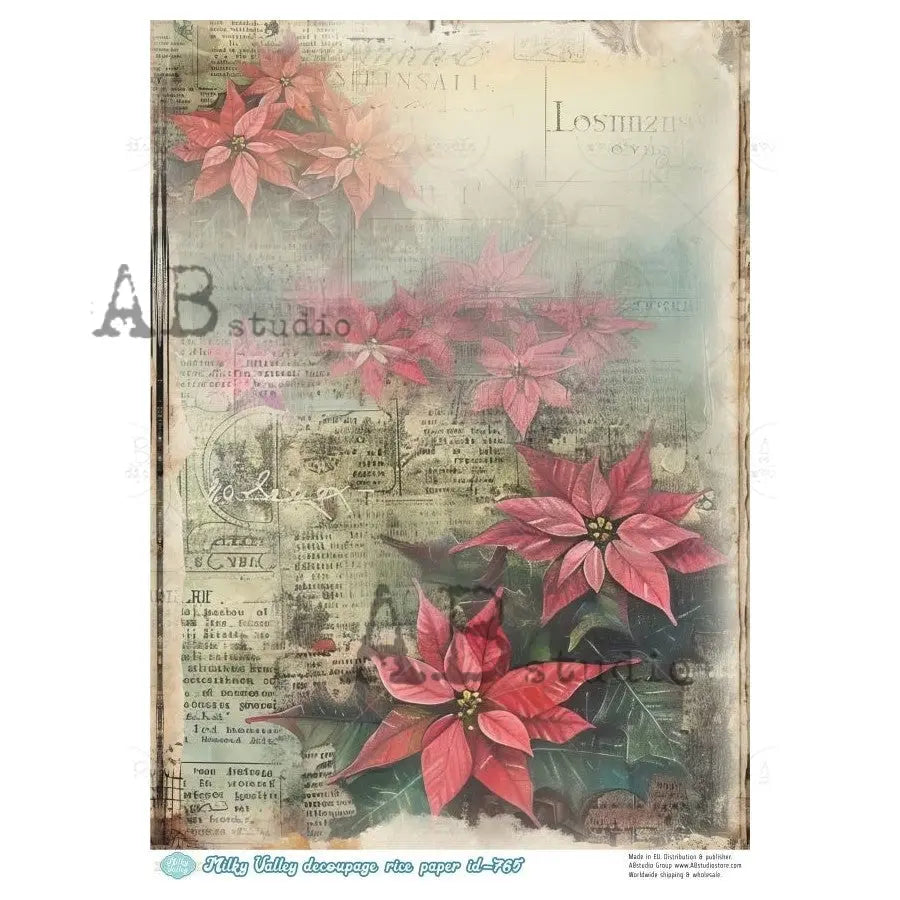 AB Studio, Rice Paper, Milky Valley, Vintage, Christmas, Poinsettia, Background, Wallpaper, A4 8.27 x 11.69, Mixed Media, Decoupage, ID-765 AB Studio