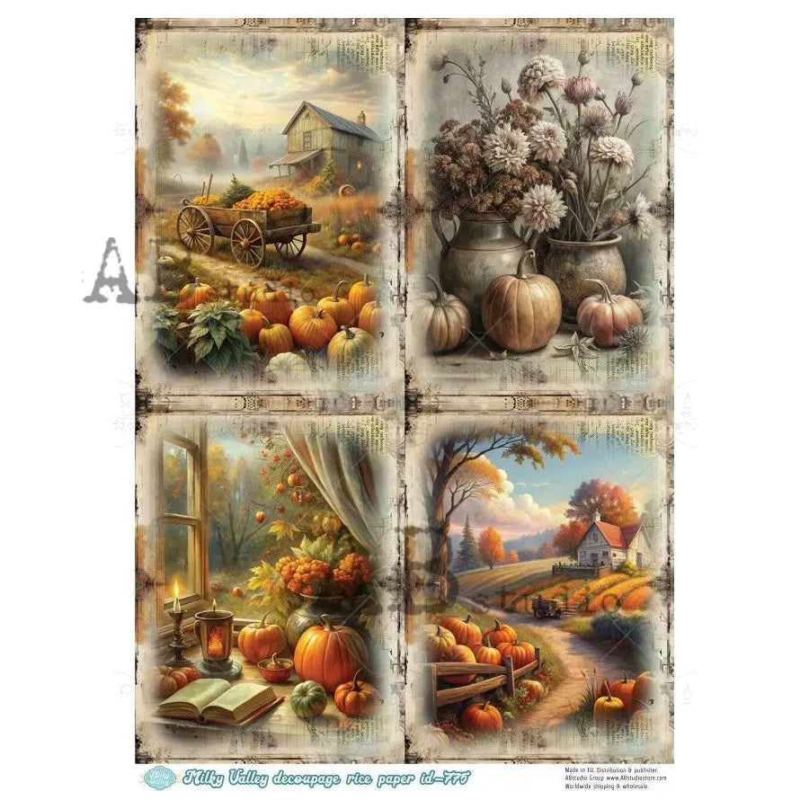AB Studio, Rice Paper, Milky Valley, Fall, Autumn, Pumpkins, Leaves, Country, Squares, A4 8.27 x 11.69, Mixed Media, Decoupage, ID-775 AB Studio