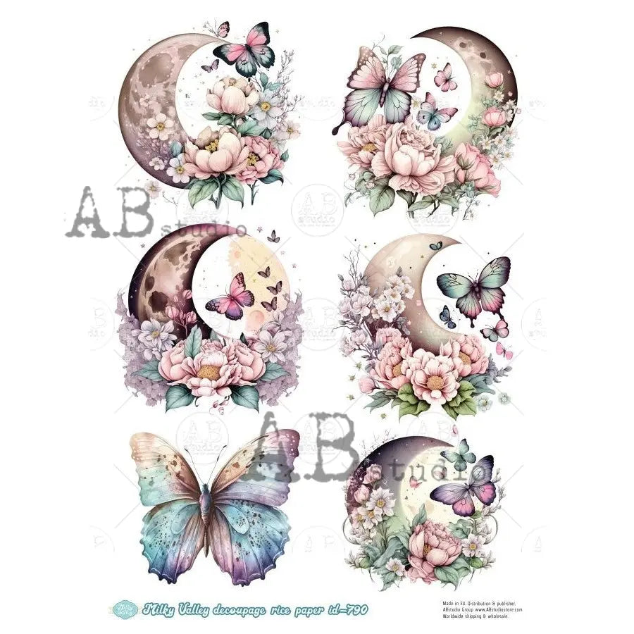 AB Studio, Rice Paper, Milky Valley, Butterflies, Moon, Flowers, Floral, Ornaments, A4 8.27 x 11.69, Mixed Media, Decoupage, ID-790 AB Studio