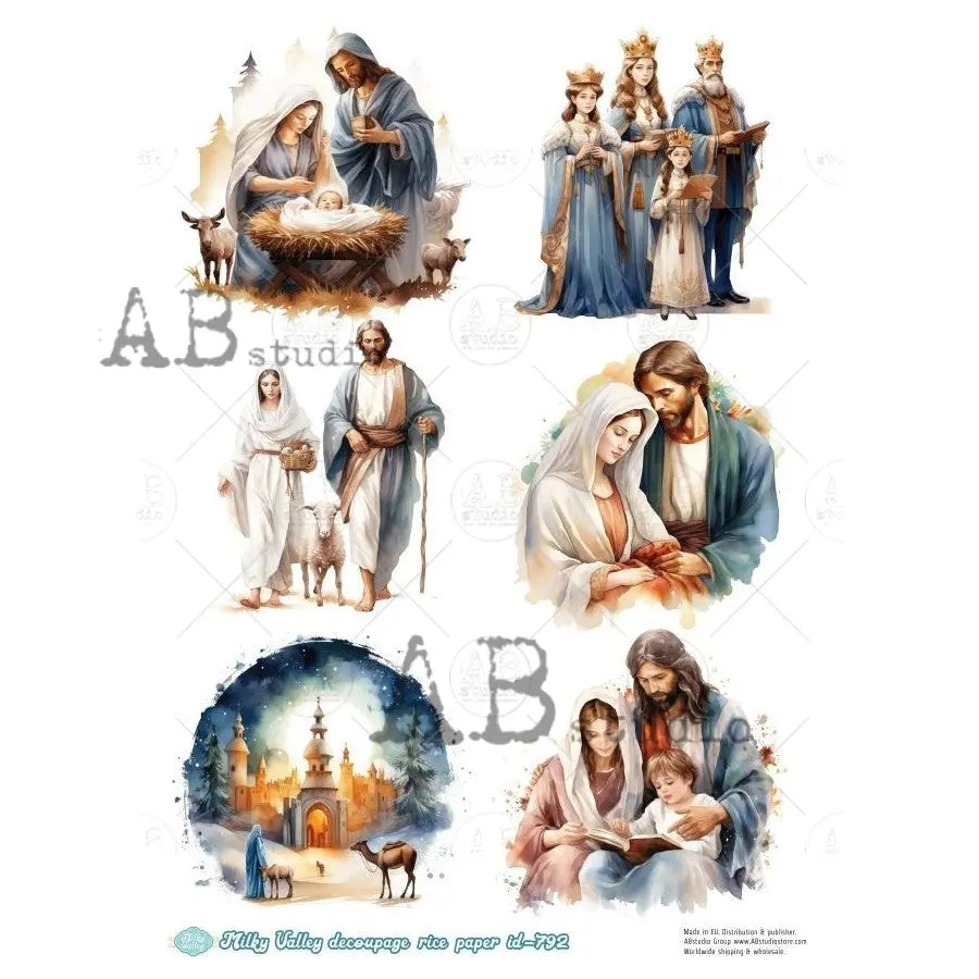 AB Studio, Rice Paper, Milky Valley, Christmas, Nativity, Holy Family, Angels, A4 8.27 x 11.69, Mixed Media, Decoupage, ID-792 AB Studio