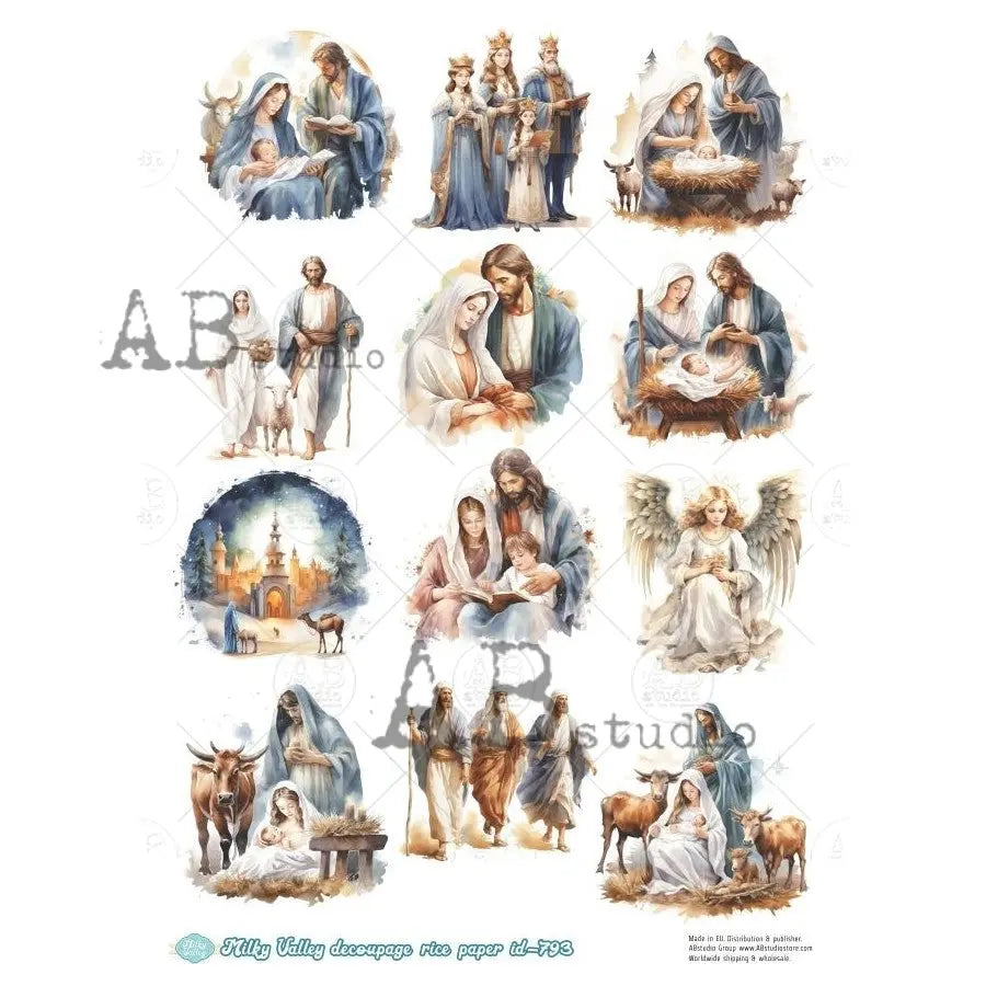 AB Studio, Rice Paper, Milky Valley, Christmas, Nativity, 3 Kings, Angels, A4 8.27 x 11.69, Mixed Media, Decoupage, ID-793 AB Studio