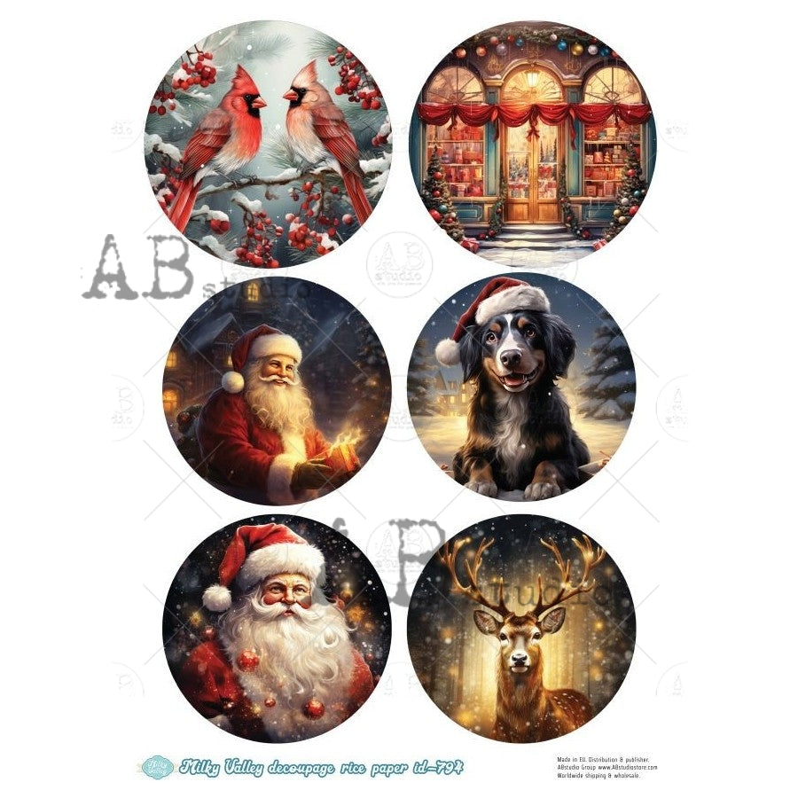 AB Studio, Rice Paper, Milky Valley, Christmas, Santa, Cardinals, Puppy, Ornament Rounds, A4 8.27 x 11.69, Mixed Media, Decoupage, ID-794