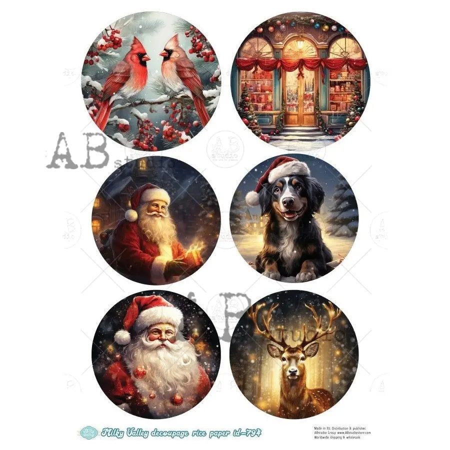 AB Studio, Rice Paper, Milky Valley, Christmas, Santa, Cardinals, Puppy, Ornament Rounds, A4 8.27 x 11.69, Mixed Media, Decoupage, ID-794 AB Studio