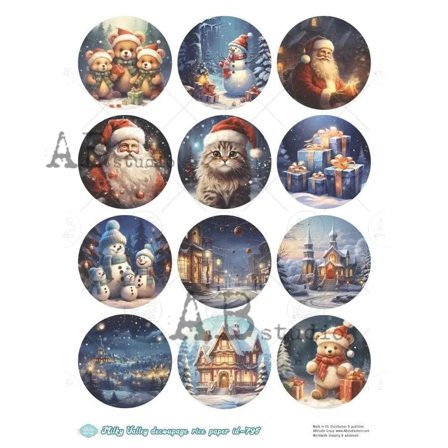 AB Studio, Rice Paper, Milky Valley, Christmas, Santa, Winter, Cottage, Ornament Rounds, A4 8.27 x 11.69, Mixed Media, Decoupage, ID-795 AB Studio