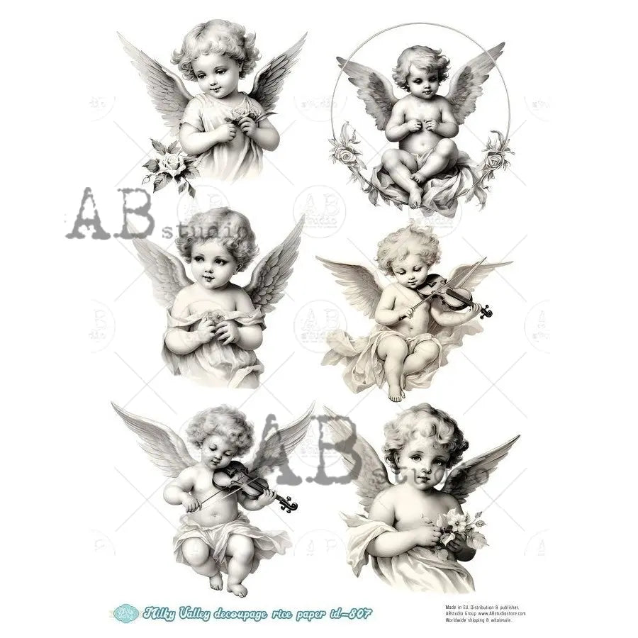 AB Studio, Rice Paper, Milky Valley, Angel, Cherub, Vintage Frame, Shabby Chic, Blue, White, A4 8.27 x 11.69, Mixed Media, Decoupage, ID-807 AB Studio