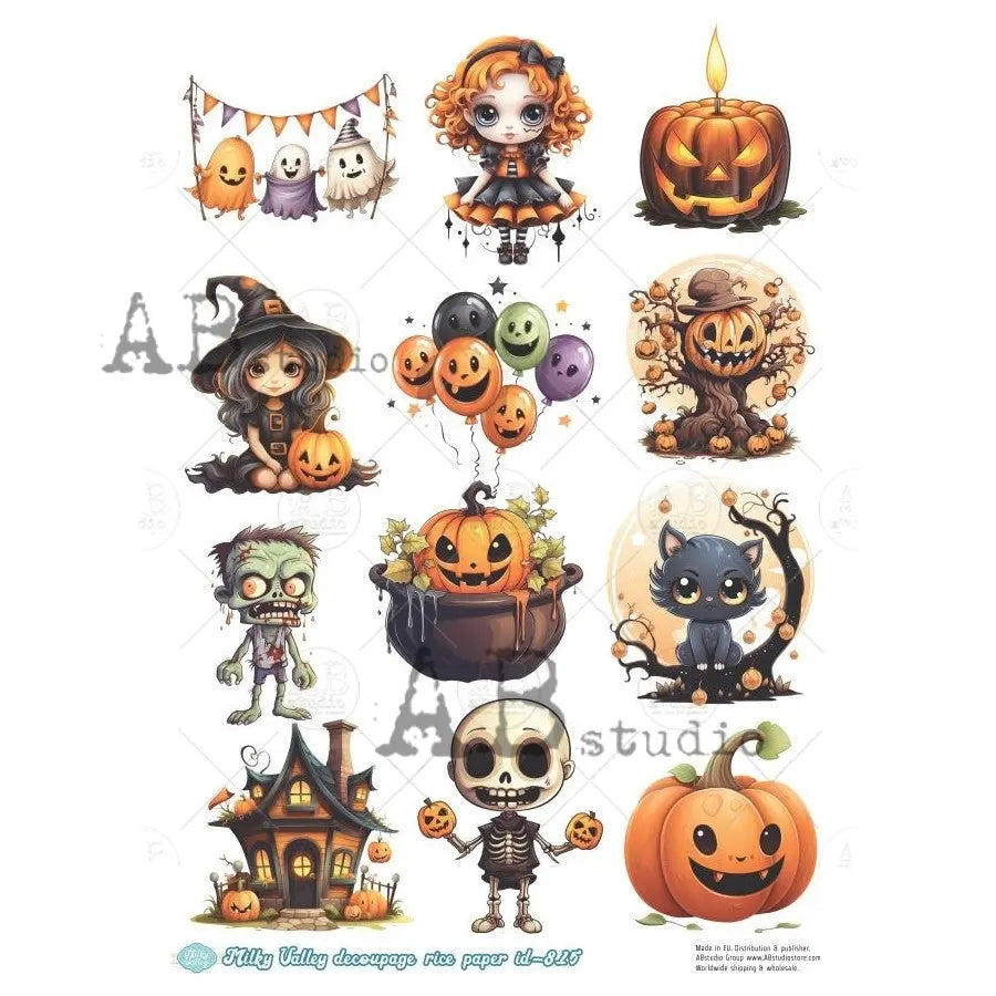 AB Studio, Rice Paper, Milky Valley, Halloween, Witches, Haunted House, Pumpkins, Characters, A4 8.27 x 11.7, Mixed Media, Decoupage, ID-815 AB Studio