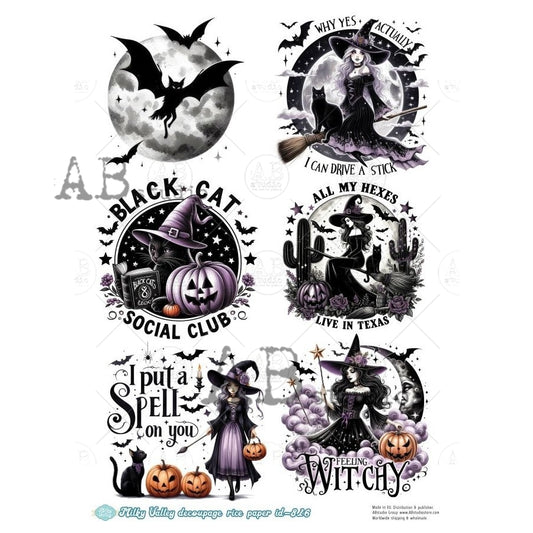 AB Studio, Rice Paper, Milky Valley, Halloween, Witches, Bats, Pumpkins, Ornament Rounds, A4 8.27 x 11.69, Mixed Media, Decoupage, ID-816
