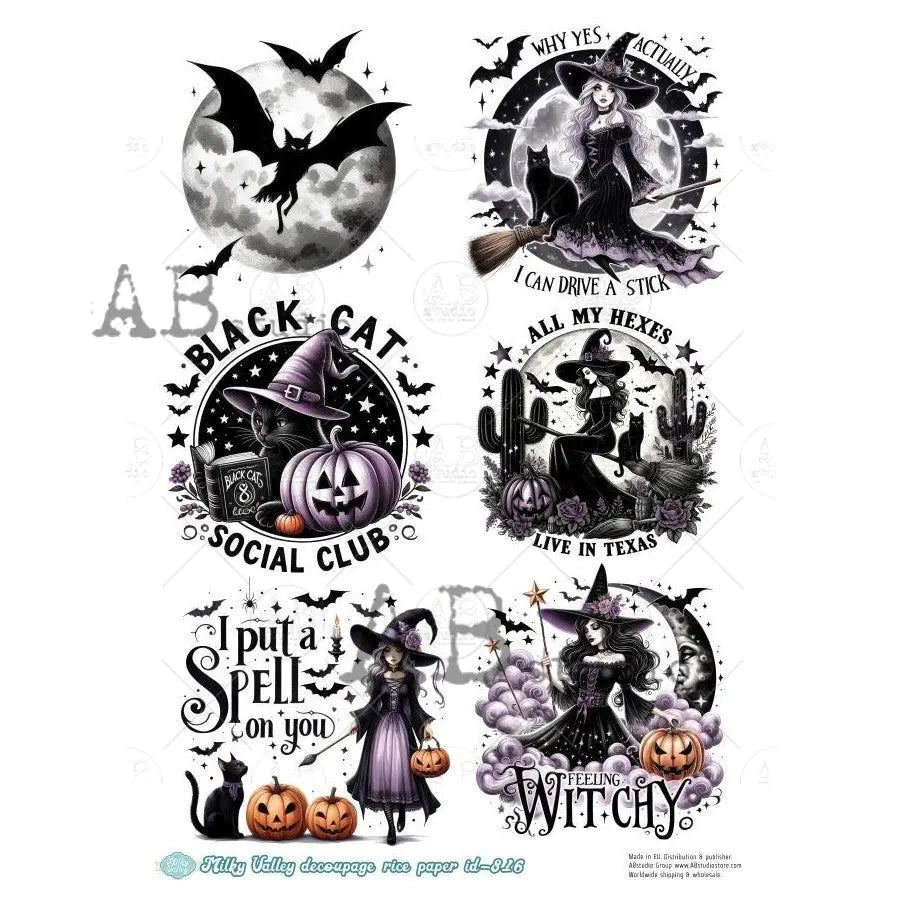 AB Studio, Rice Paper, Milky Valley, Halloween, Witches, Bats, Pumpkins, Ornament Rounds, A4 8.27 x 11.69, Mixed Media, Decoupage, ID-816 AB Studio