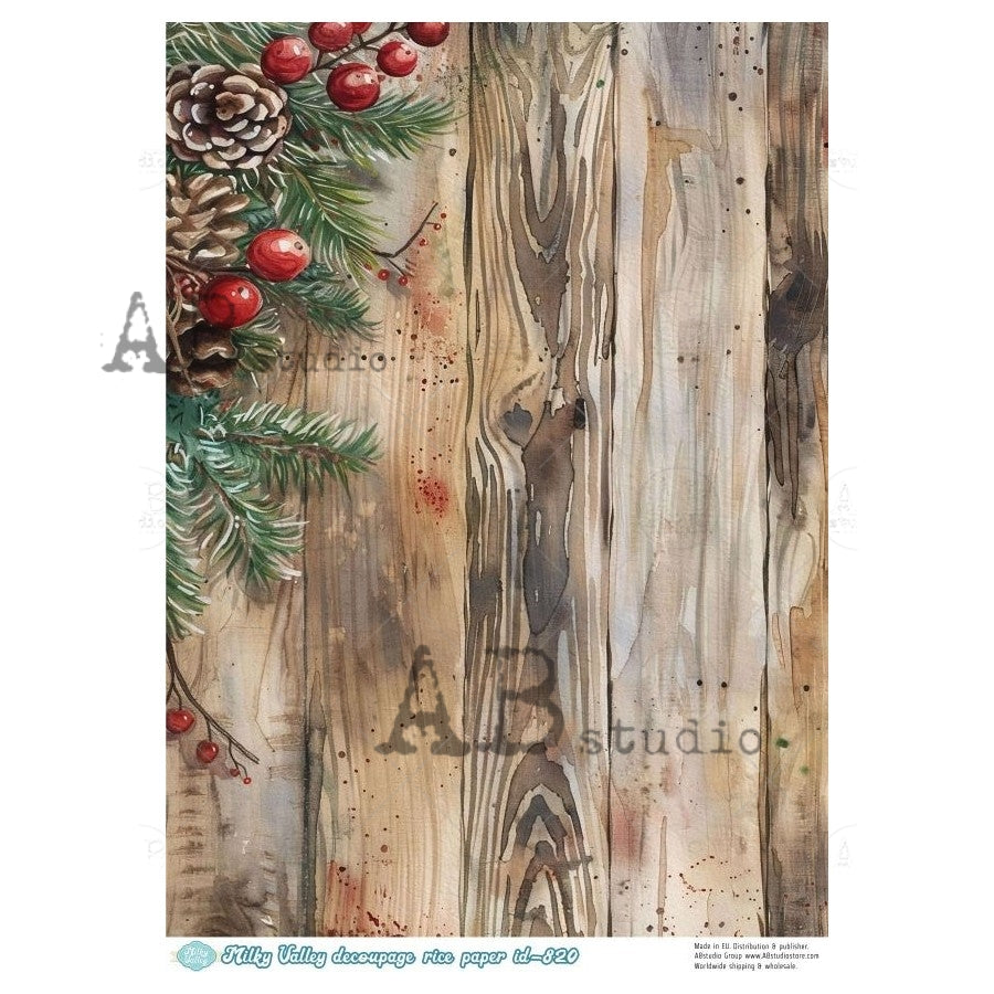 AB Studio, Rice Paper, Milky Valley, Christmas, Greenery, Rustic Wood, Wallpaper, Background, A4 8.27 x 11.7, Mixed Media, Decoupage, ID-820