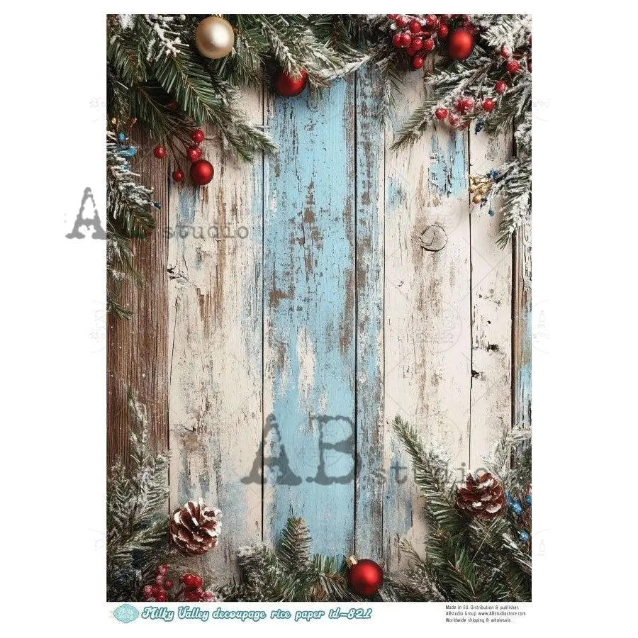 AB Studio, Rice Paper, Milky Valley, Christmas, Greenery, Rustic Wood, Patina, Background, A4 8.27 x 11.69, Mixed Media, Decoupage, ID-821 AB Studio