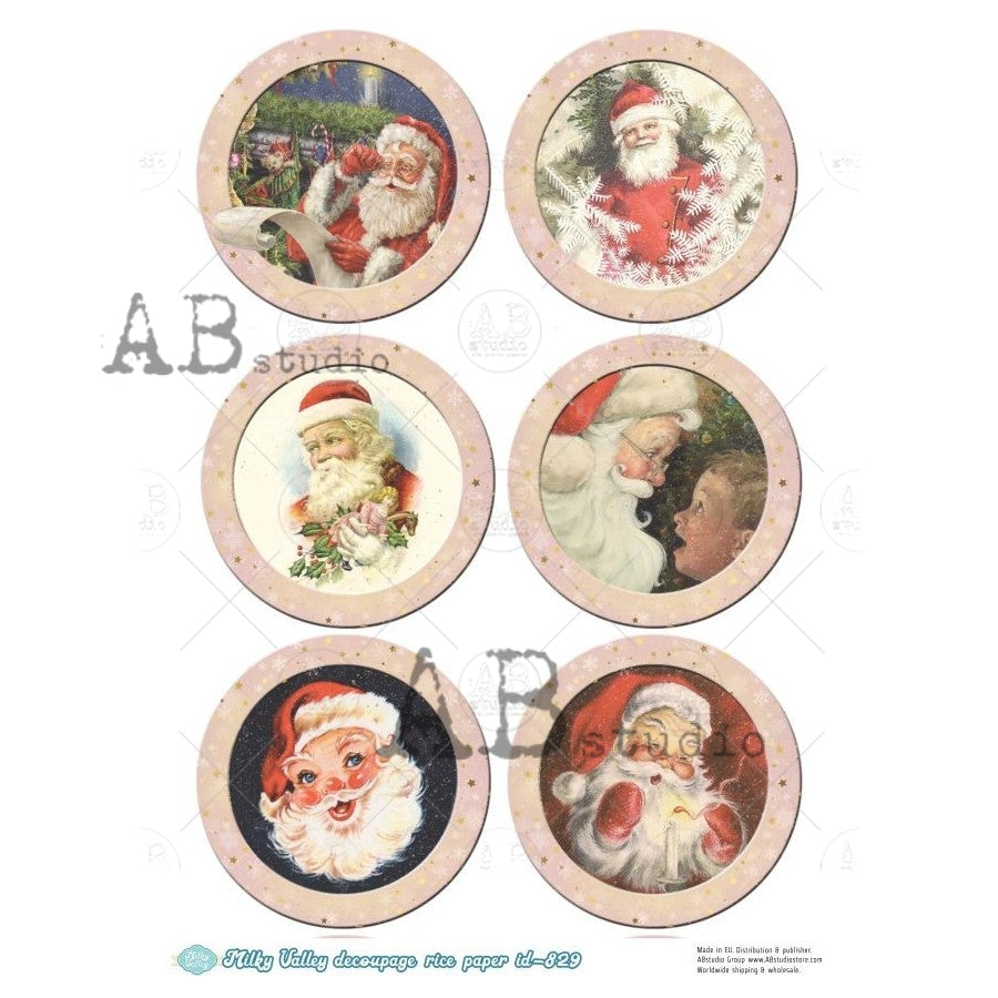 AB Studio, Rice Paper, Milky Valley, Christmas, Santa, Ornament Rounds, A4 8.27 x 11.69, Mixed Media, Decoupage, ID-829