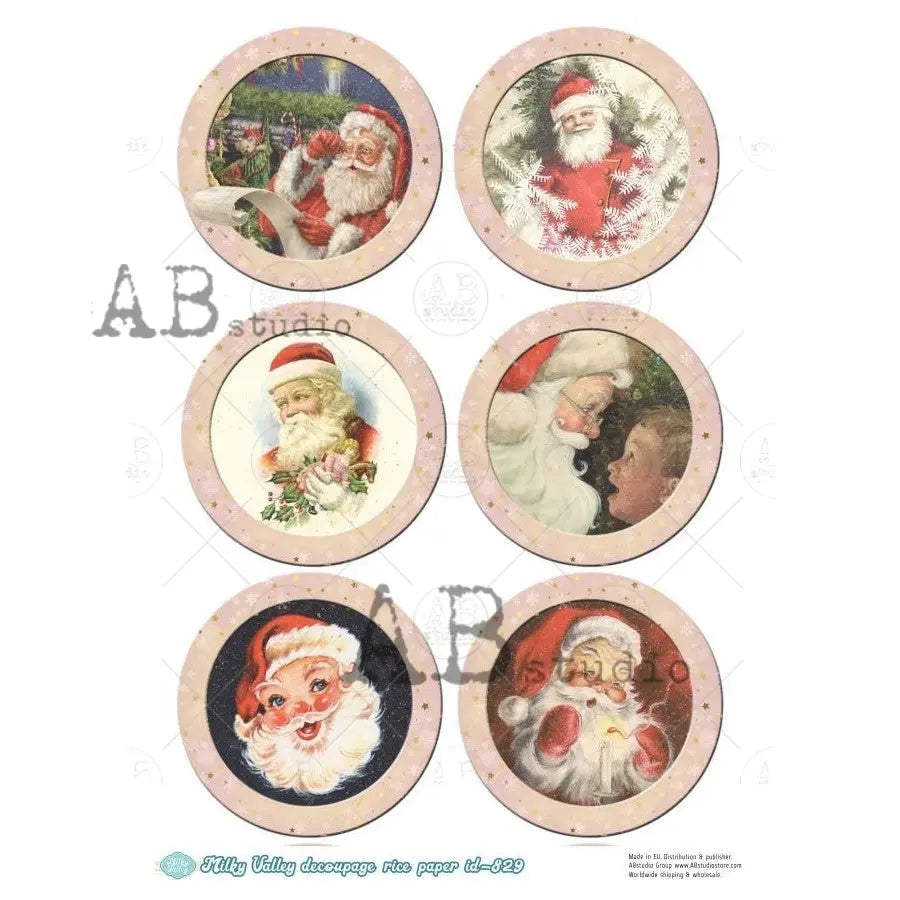 AB Studio, Rice Paper, Milky Valley, Christmas, Santa, Ornament Rounds, A4 8.27 x 11.69, Mixed Media, Decoupage, ID-829 AB Studio