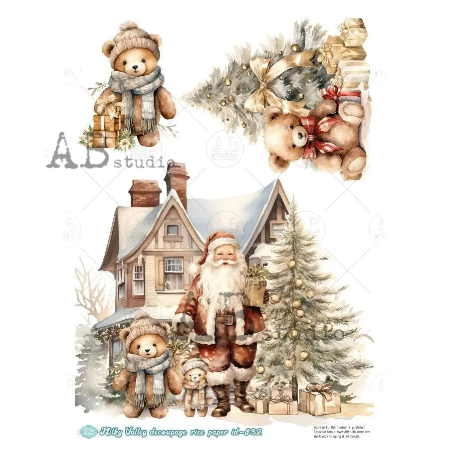 AB Studio, Rice Paper, Milky Valley, Christmas, Holiday, Santa, Trees, Teddy Bears, A4 8.27 x 11.69, Mixed Media, Decoupage, ID-832 AB Studio