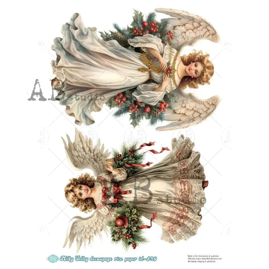 AB Studio, Rice Paper, Milky Valley, Angels, Christmas, Holiday, A4 8.27 x 11.69, Mixed Media, Decoupage, ID-839 AB Studio