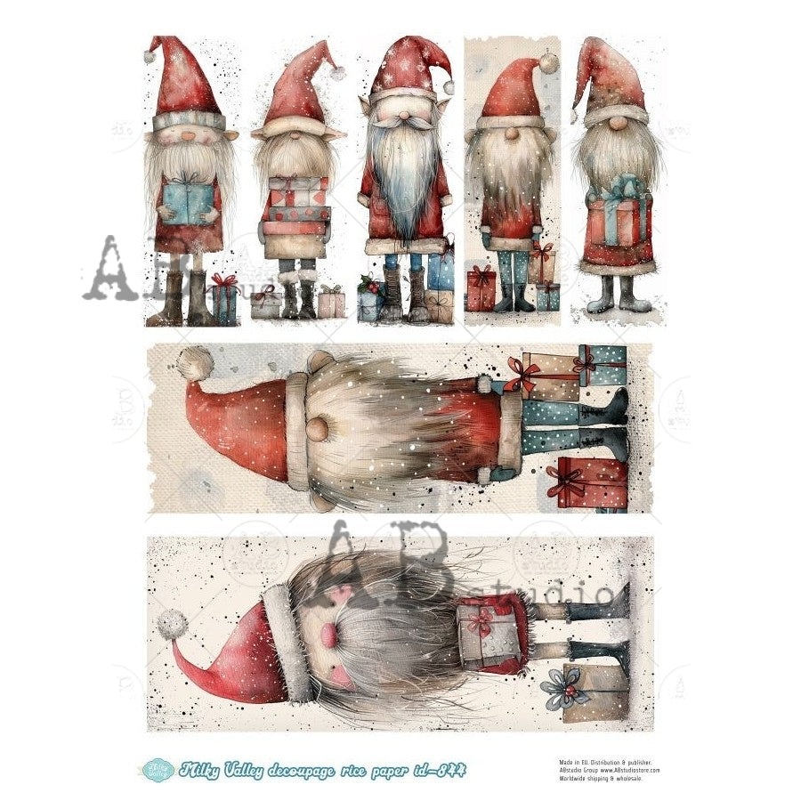 AB Studio, Rice Paper, Milky Valley, Christmas, Santa, Elves, Tags, Gnomes, A4 8.27 x 11.69, Mixed Media, Decoupage, ID-844