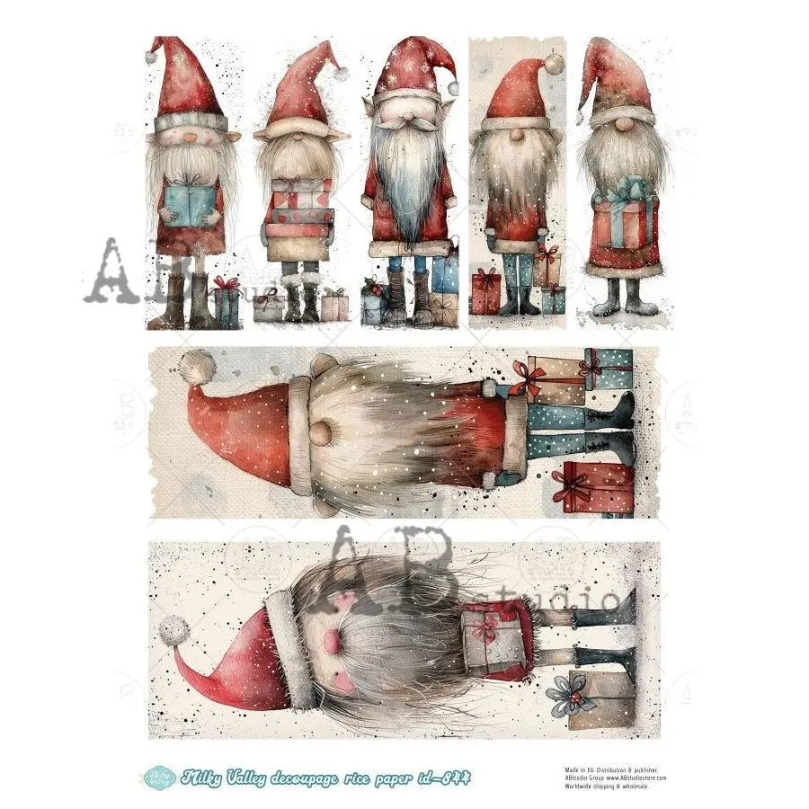 AB Studio, Rice Paper, Milky Valley, Christmas, Santa, Elves, Tags, Gnomes, A4 8.27 x 11.69, Mixed Media, Decoupage, ID-844 AB Studio