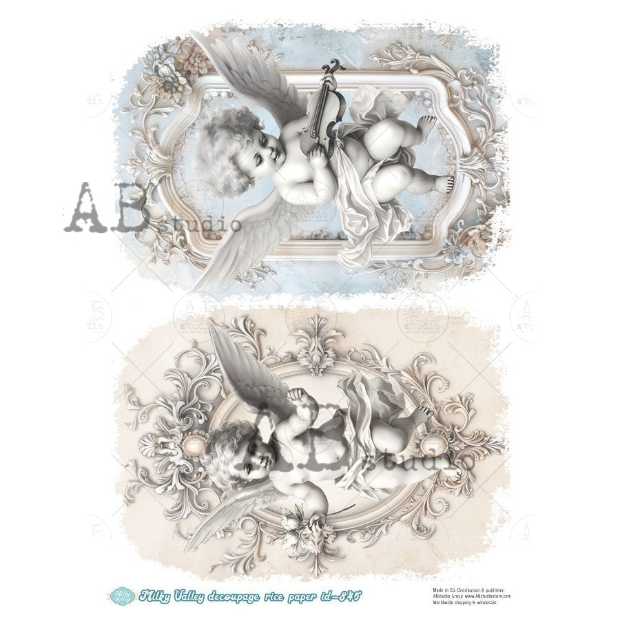 AB Studio, Rice Paper, Milky Valley, Angel, Cherub, Vintage Frame, Shabby Chic, Blue, White, A4 8.27 x 11.69, Mixed Media, Decoupage, ID-845