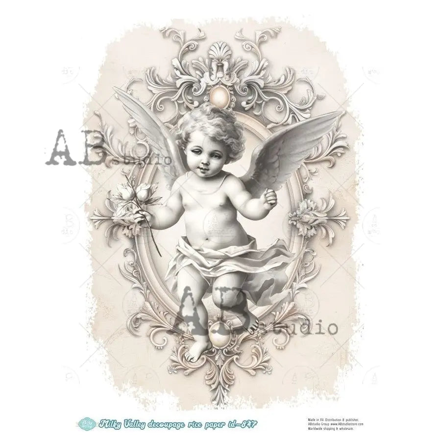 AB Studio, Rice Paper, Milky Valley, Angel, Cherub, Vintage Frame, Shabby Chic, Gray Tones, A4 8.27 x 11.69, Mixed Media, Decoupage, ID-847 AB Studio