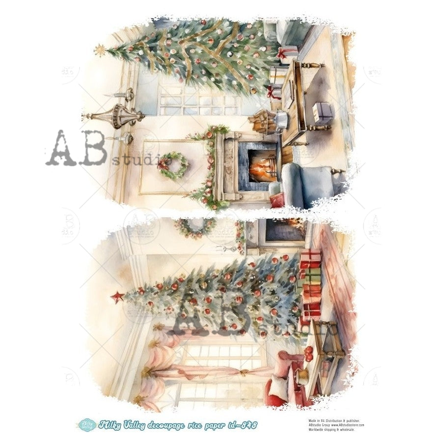 AB Studio, Rice Paper, Milky Valley, Christmas, Trees, Holiday, Mantel Decorations, A4 8.27 x 11.69, Mixed Media, Decoupage, ID-848