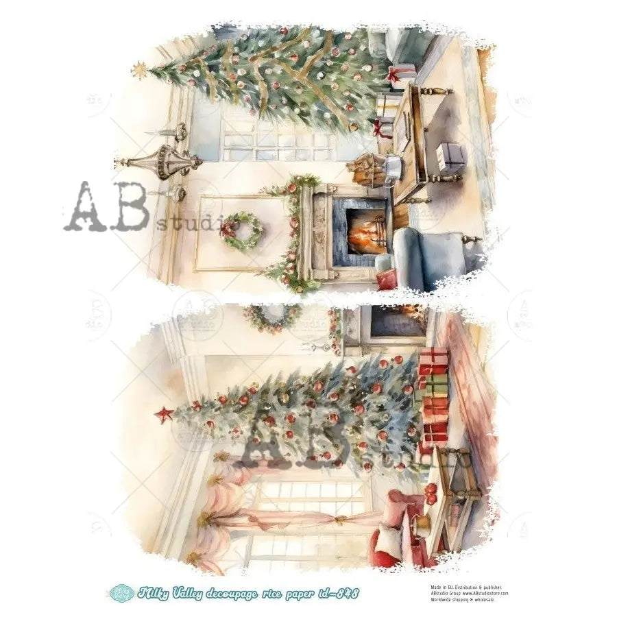 AB Studio, Rice Paper, Milky Valley, Christmas, Trees, Holiday, Mantel Decorations, A4 8.27 x 11.69, Mixed Media, Decoupage, ID-848 AB Studio