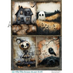 AB Studio, Rice Paper, Milky Valley, Halloween, Skull, Haunted House, Black Bird, Ghost, A4 8.27 x 11.69, Mixed Media, Decoupage, ID-854