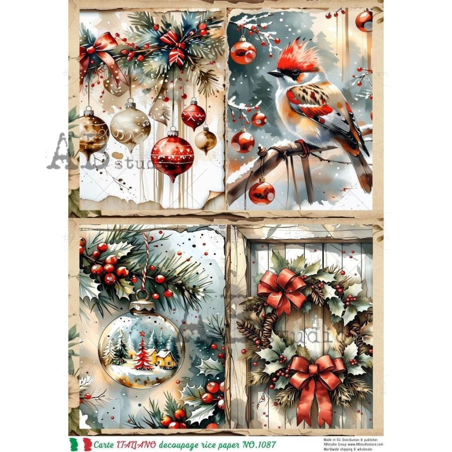 AB Studio Rice Paper, Carte Italiano, Country Christmas Landscapes, Wreaths, Birds, A4 8.27 x11.69, Mixed Media, Decoupage, Scrapbooking