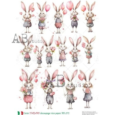 AB Studio, Carte Italiano, Rice Paper, Pink Bunnies, Easter Rabbits, Shabby Chic, Decoupage, Mixed Media, A4 8.27 x 11.69