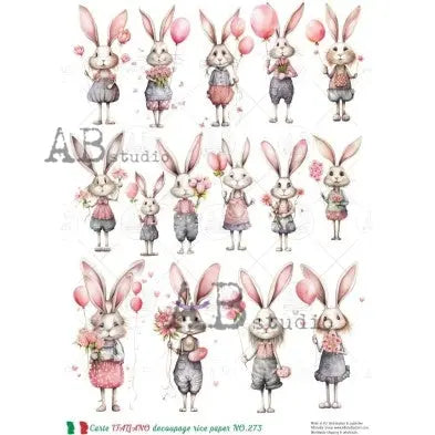 AB Studio, Carte Italiano, Rice Paper, Pink Bunnies, Easter Rabbits, Shabby Chic, Decoupage, Mixed Media, A4 8.27 x 11.69 AB Studio