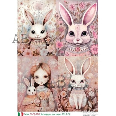 AB Studio, Carte Italiano, Rice Paper, Pink Bunnies, Easter, Shabby Chic, Squares, Flowers, Decoupage, Mixed Media, A4 8.27 x 11.69