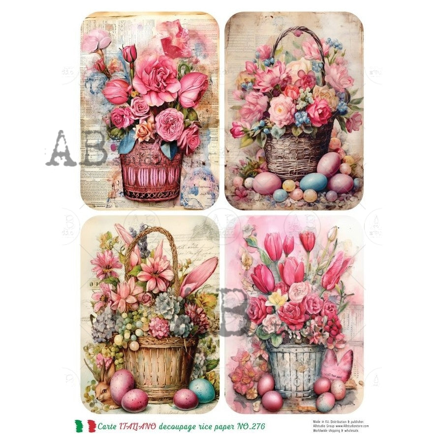 AB Studio, Carte Italiano, Rice Paper, Pink Flowers, Easter, Shabby Chic, Baskets, Decoupage, Mixed Media, A4 8.27 x 11.69