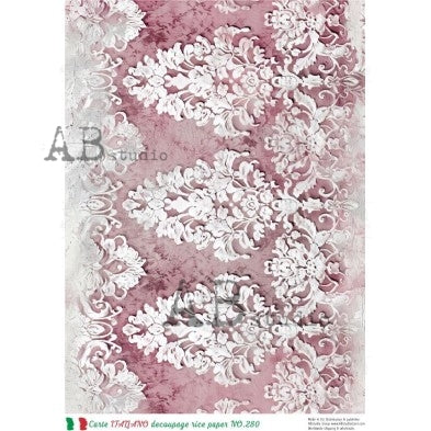 AB Studio, Carte Italiano, Rice Paper, Vintage, White, Pink, Lace, Background, Wallpaper, Decoupage, Mixed Media, NO-280, A4 8.27 x 11.69