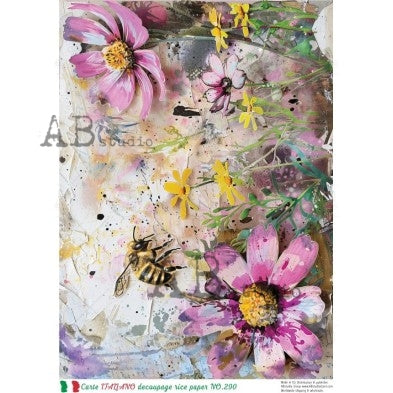 AB Studio, Carte Italiano, Rice Paper, Purple Flowers, Honey Bee, Flowers, Decoupage, Mixed Media, NO-290, A4 8.27 x 11.69