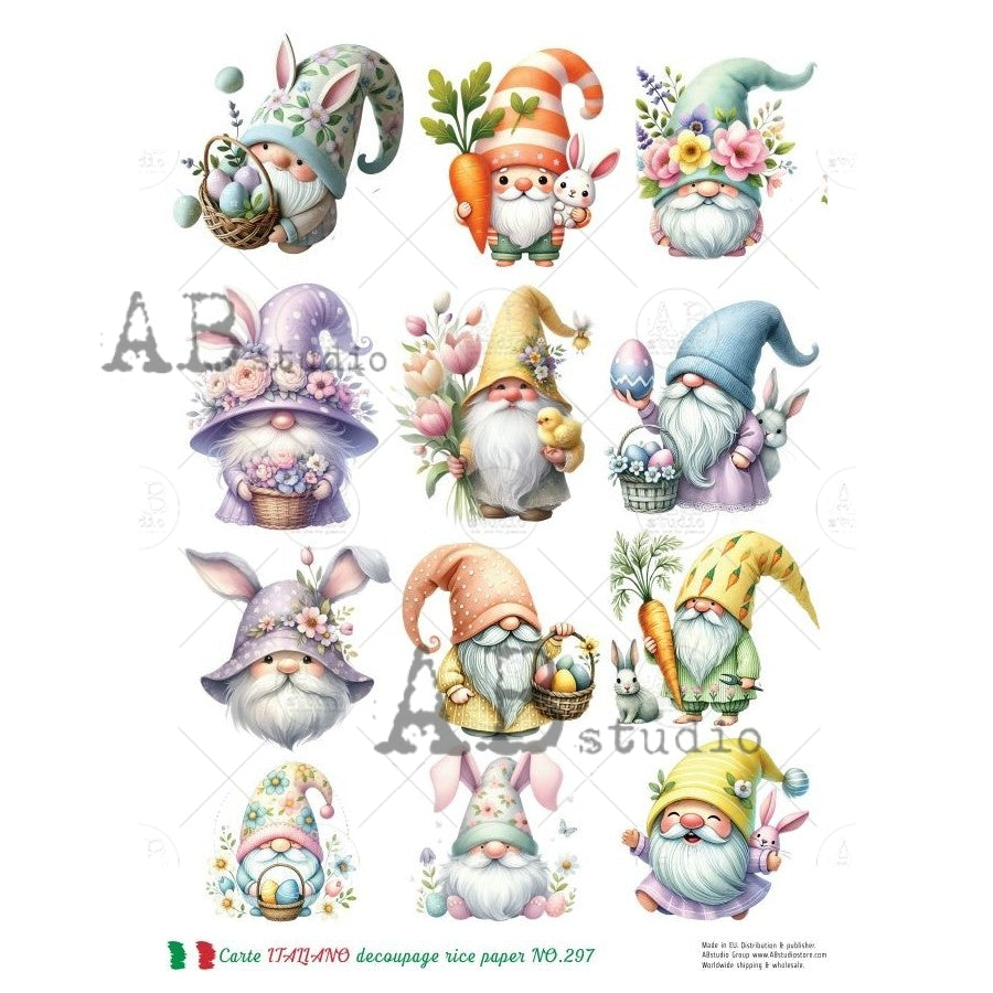 AB Studio, Carte Italiano, Rice Paper, Spring, Easter, Elves, Gnomes, Flowers, Shabby Chic, Decoupage, Mixed Media, NO-297, A4 8.27 x 11.69