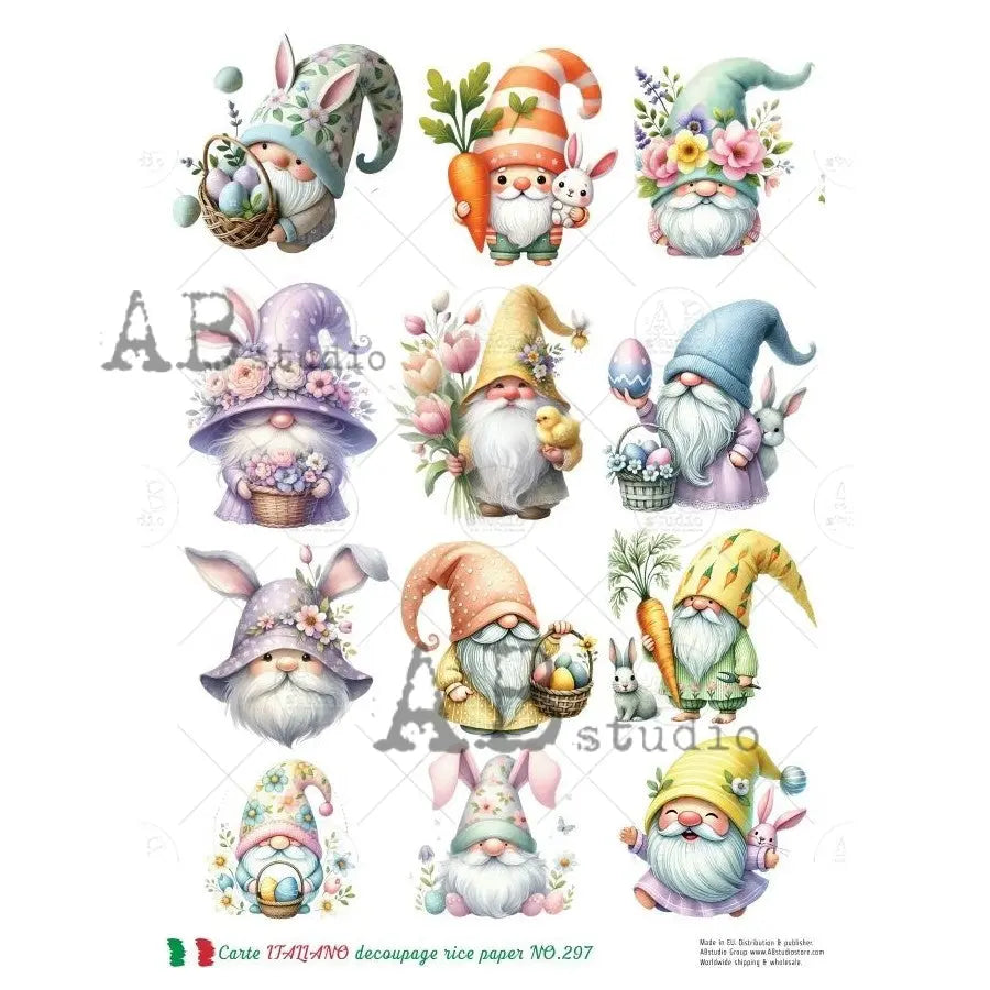 AB Studio, Carte Italiano, Rice Paper, Spring, Easter, Elves, Gnomes, Flowers, Shabby Chic, Decoupage, Mixed Media, NO-297, A4 8.27 x 11.69 AB Studio
